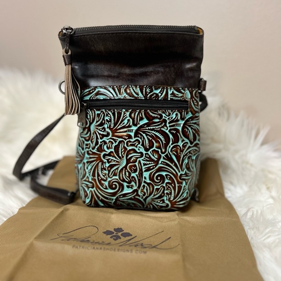 Patricia Nash Crossbody Bag Tooled Turquoise Stipes Sling backpack - Picture 2 of 11